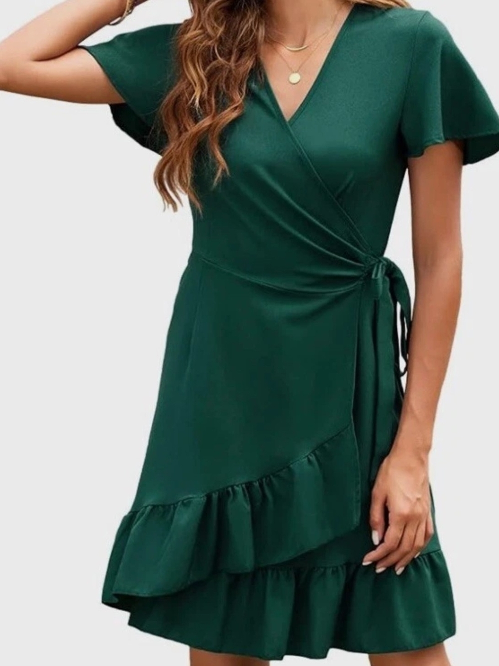Wrap Midi Dress in Deep Green with Ruffle Hem